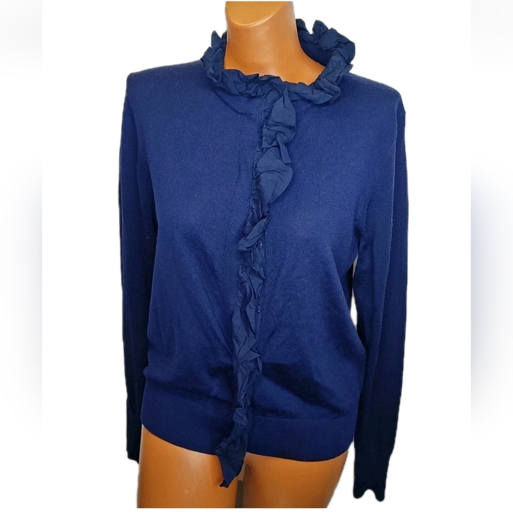 J Crew Merino Wool Ruffled Mockneck Cardigan Fitted Sweater Slim Large Navy Nwt - Picture 8 of 16